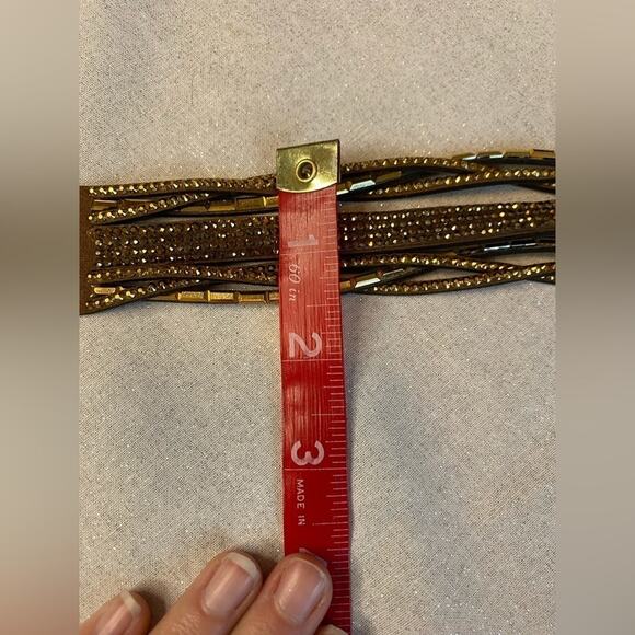 Women's Layered Leather Bracelet with Gold Rhinestones Y2K BOHO Glam Retro - Picture 8 of 9